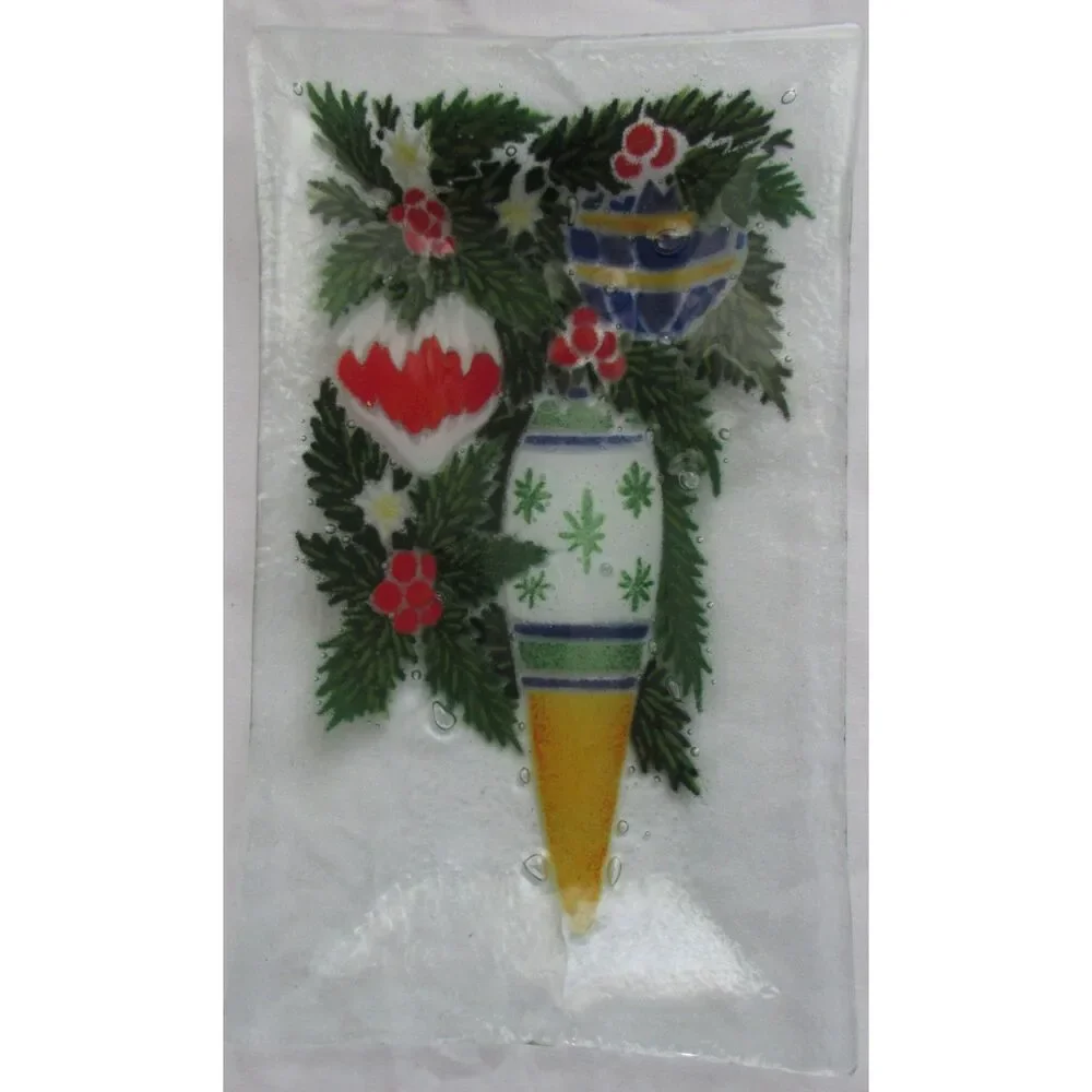 Fuse Glass rectangle plate with ornaments Christmas Tree branches trinkets candy